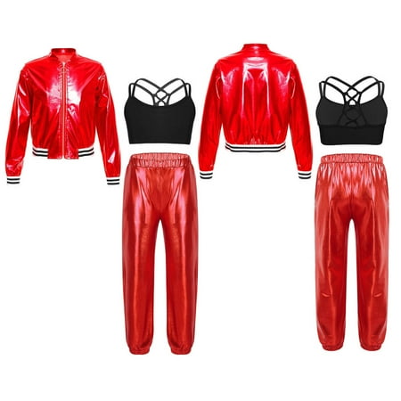 dPois Kids Girls Shiny Metallic Bomber Jacket Coat Outwear Jazz Hip Hop Dance Crop Top Sports Bra Red 14