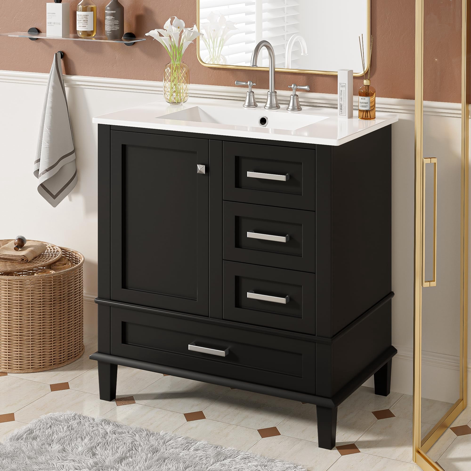 30" Bathroom Vanity with Sink, Bathroom Vanities 30 Inch with Top, Single Sink Bathroom Vanity with 3 Drawers and 1 Soft Closing Door, 30 Restroom Vanity with Cuntertop Sink (White)