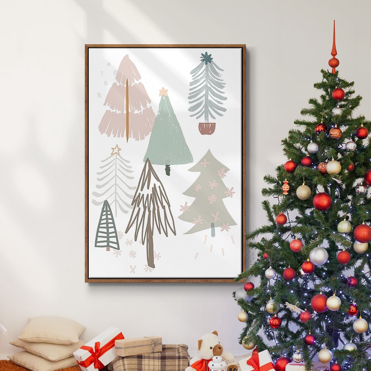 Christmas Tree Sketchbook Collection B - Framed Gallery Wrapped Holiday Canvas - 17 x 25 - Rosewood Frame