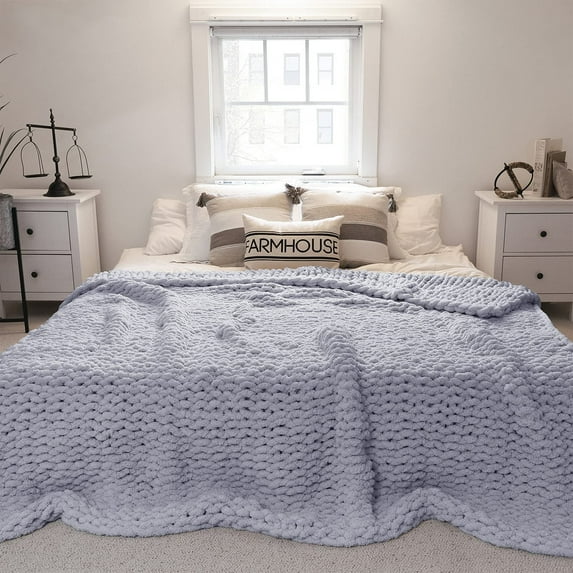 Modenna Chunky Knit Blanket Throws Chenille Throw Blanket, Light Gray, 87"x 103"