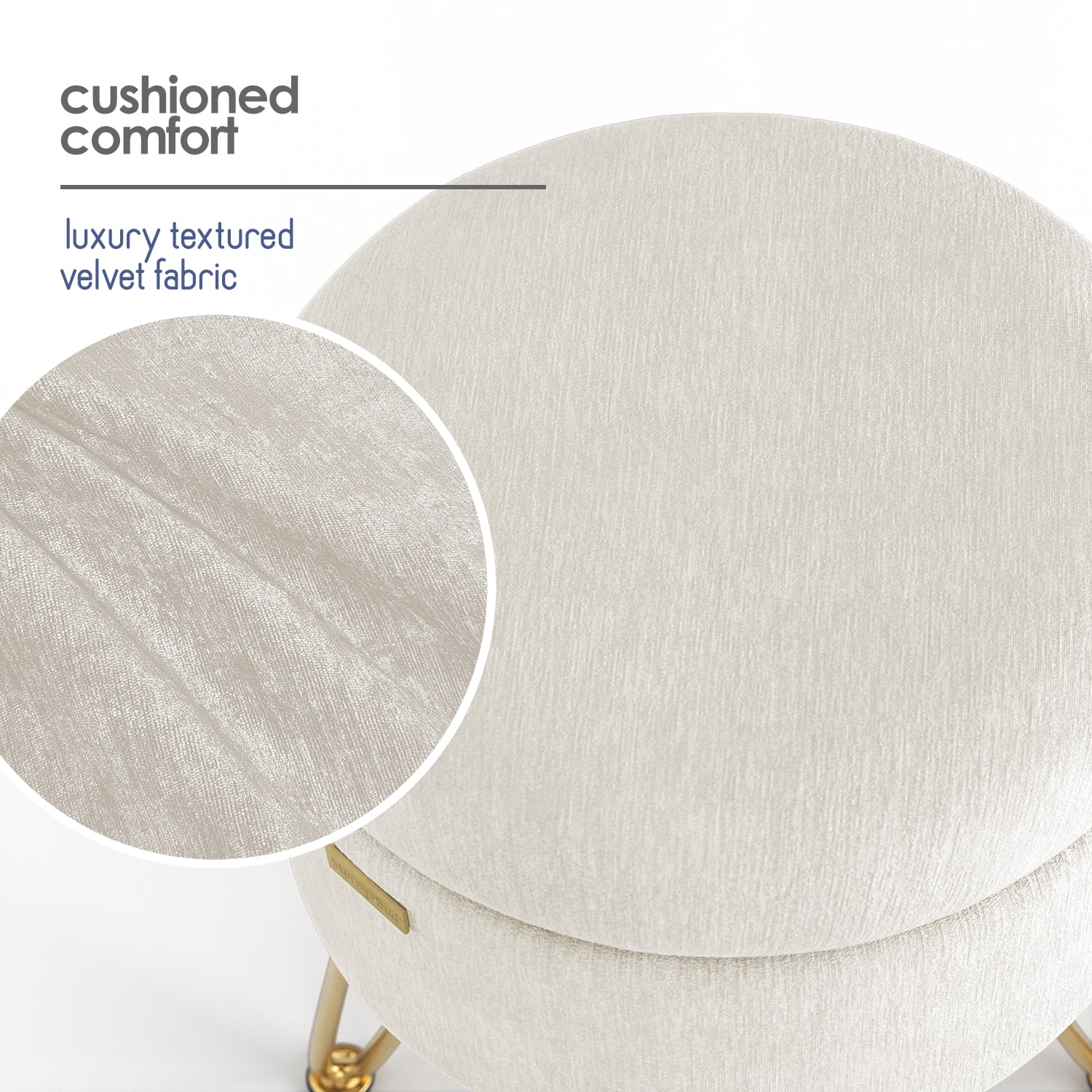 LammaLoe Small Round Ottoman with Storage, Textured Velvet Ottoman Foot Stool with Lid, Upholstered Vanity Stool for Living Room & Bedroom, Cream