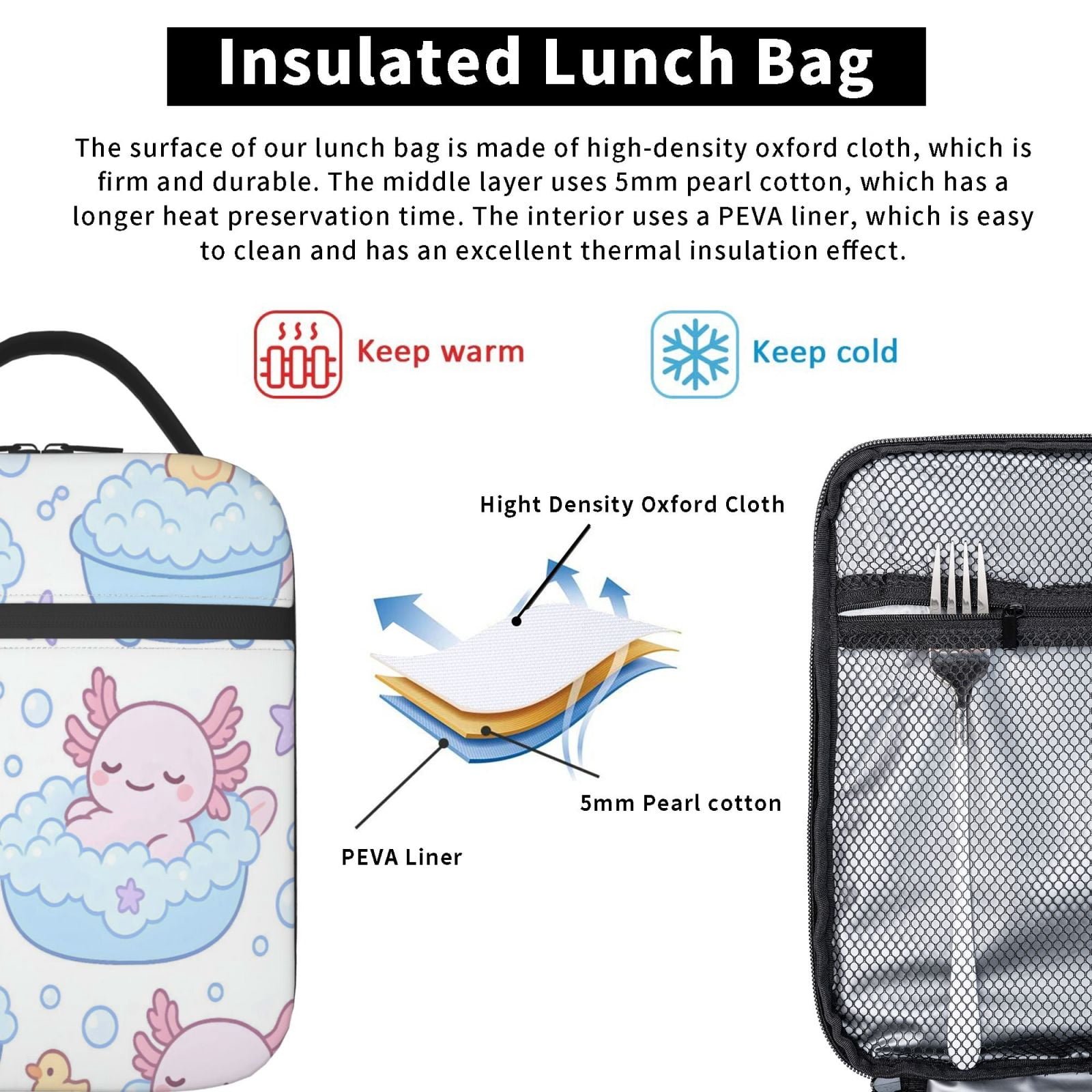 Lunch Bag For Women Men Insulated Portable Lunch Box Bento Box Office Picnic Travel Cooler Bag Bubble Bath Axolotls - Pastel Daydream