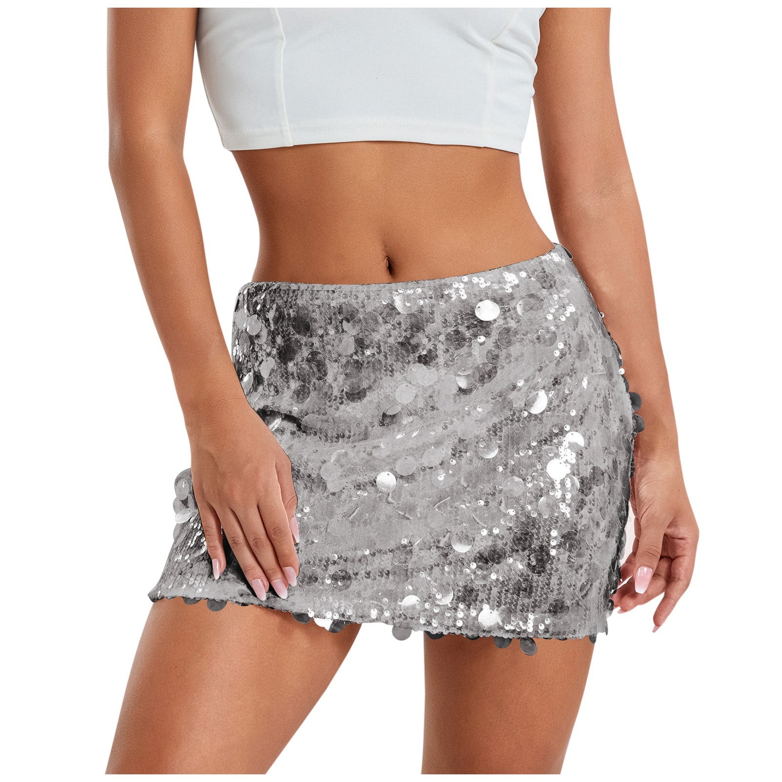 Women Party Sequin Pencil Mid Skirt Elastic Waist Y K Wrap Mini