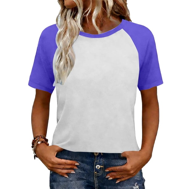 Camisetas de manga corta de verano para mujeres Moda de manga de raglan Color bloqueado cuello redondo Blusa casual Camisetas de manga corta de mujer Casual