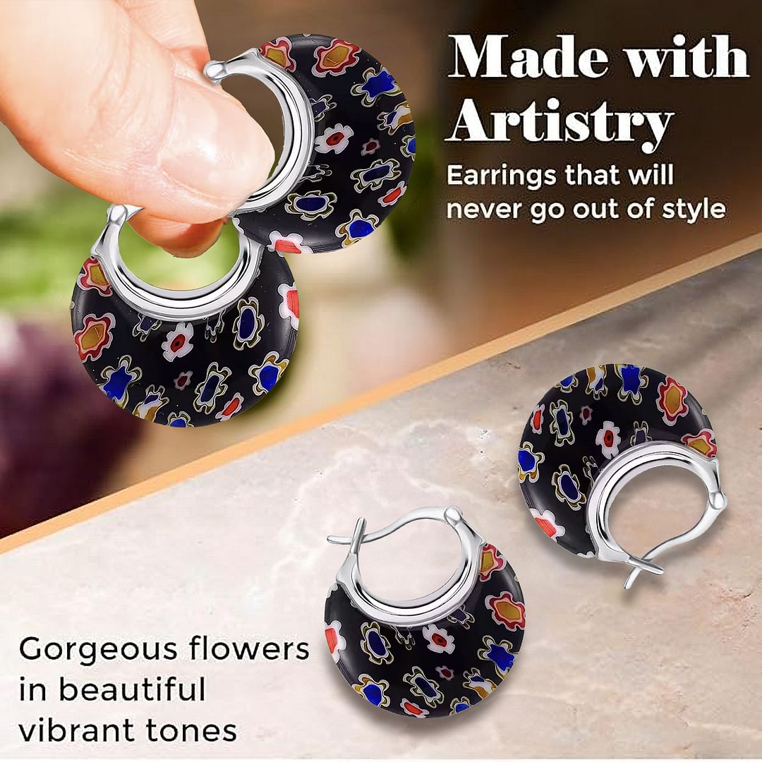 Murano Style Glass Black Hoop Earrings for Women - Flower Stainless Steel Dangle Fun Earrings - Glass Jewelry Anniversary Birthday Christmas Gifts 11.6 Gms