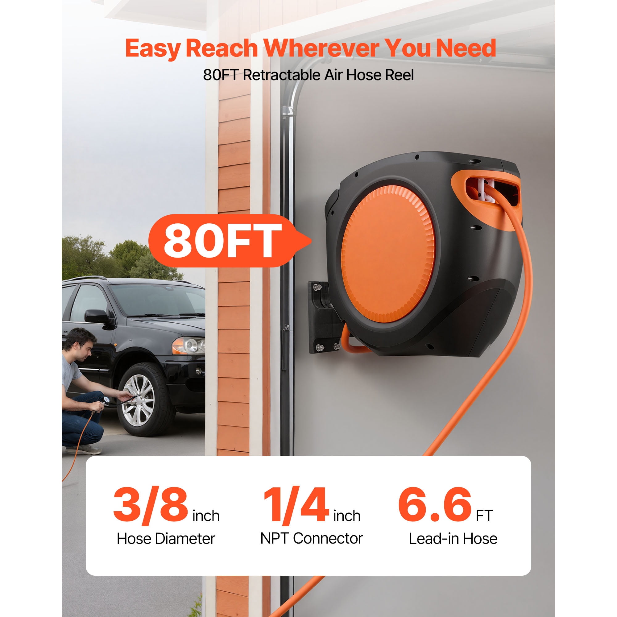 KFFKFF Retractable Air Hose Reel, 3/8 Inch x 80 FT Hybrid Hose, 300 PSI Capacity, Auto Rewind with 6.6 ft Lead-In, 180° Swivel Mount for Wall or Ceiling in Workshops