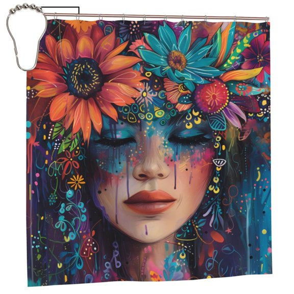 Fuzoiu Bohemian Colorful Flower Woman Print Waterproof Shower Curtain 72x72in with Heavy Duty Metal Grommets,Machine Washable Spring Modern Shower Curtains