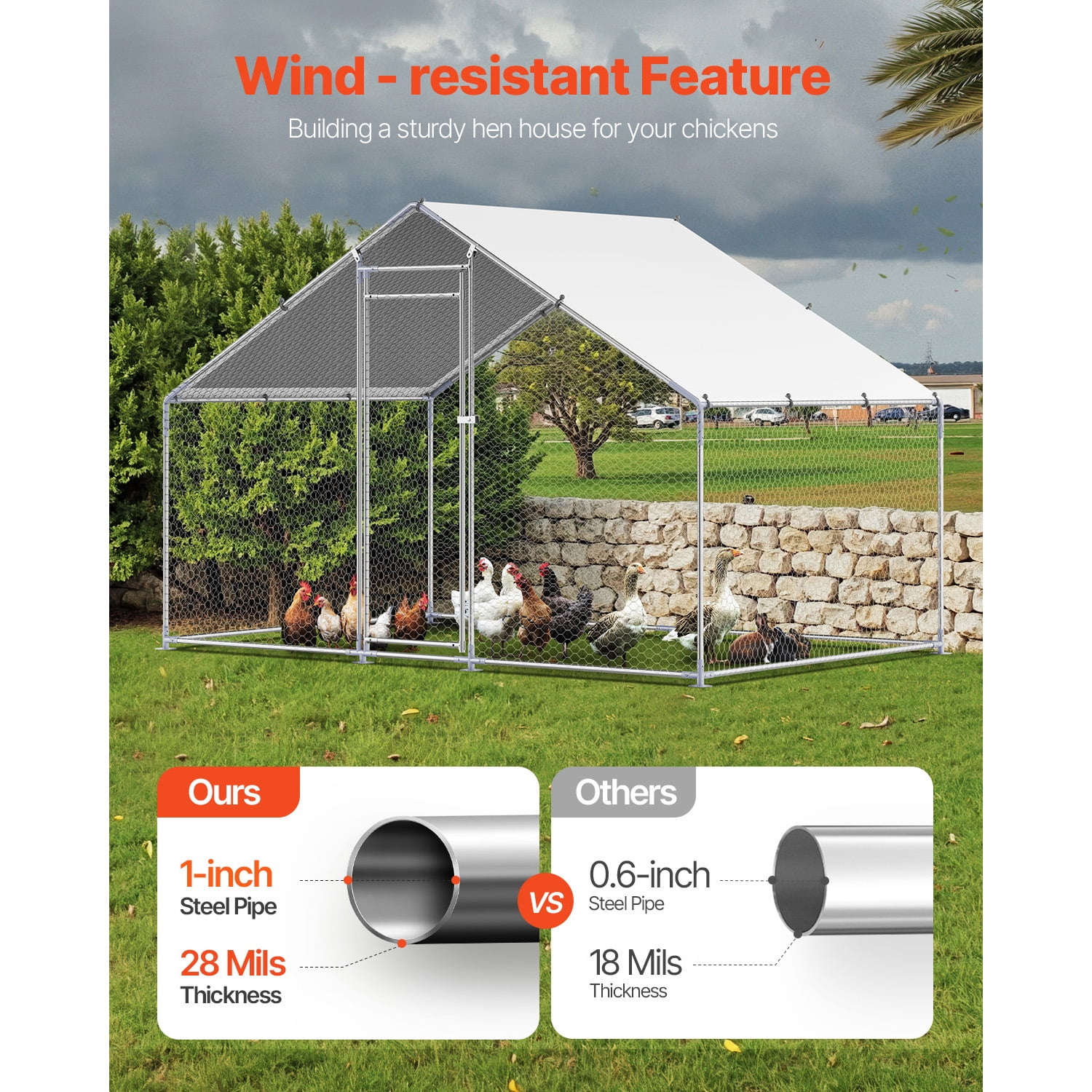 Metal Chicken Coop, Walk-in Chicken Run with Cover Spire Roof 9.8x6.5x6.5ft