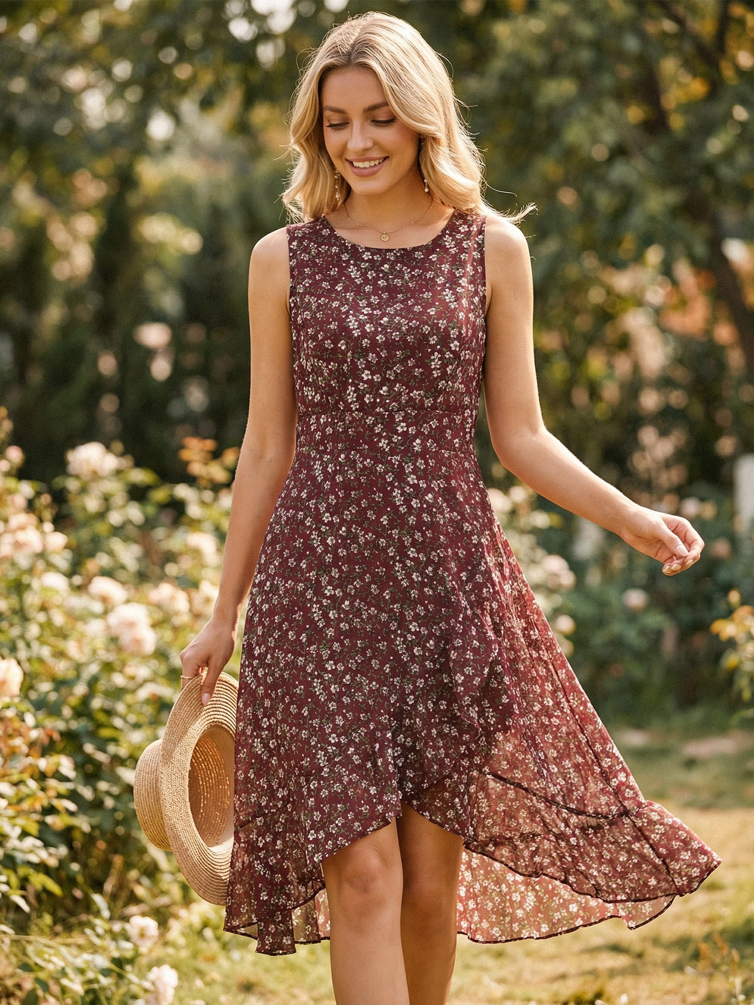 DARING DIVA Women's Summer Wrap Round Neck Keyhole Back Dresses S Wine Red