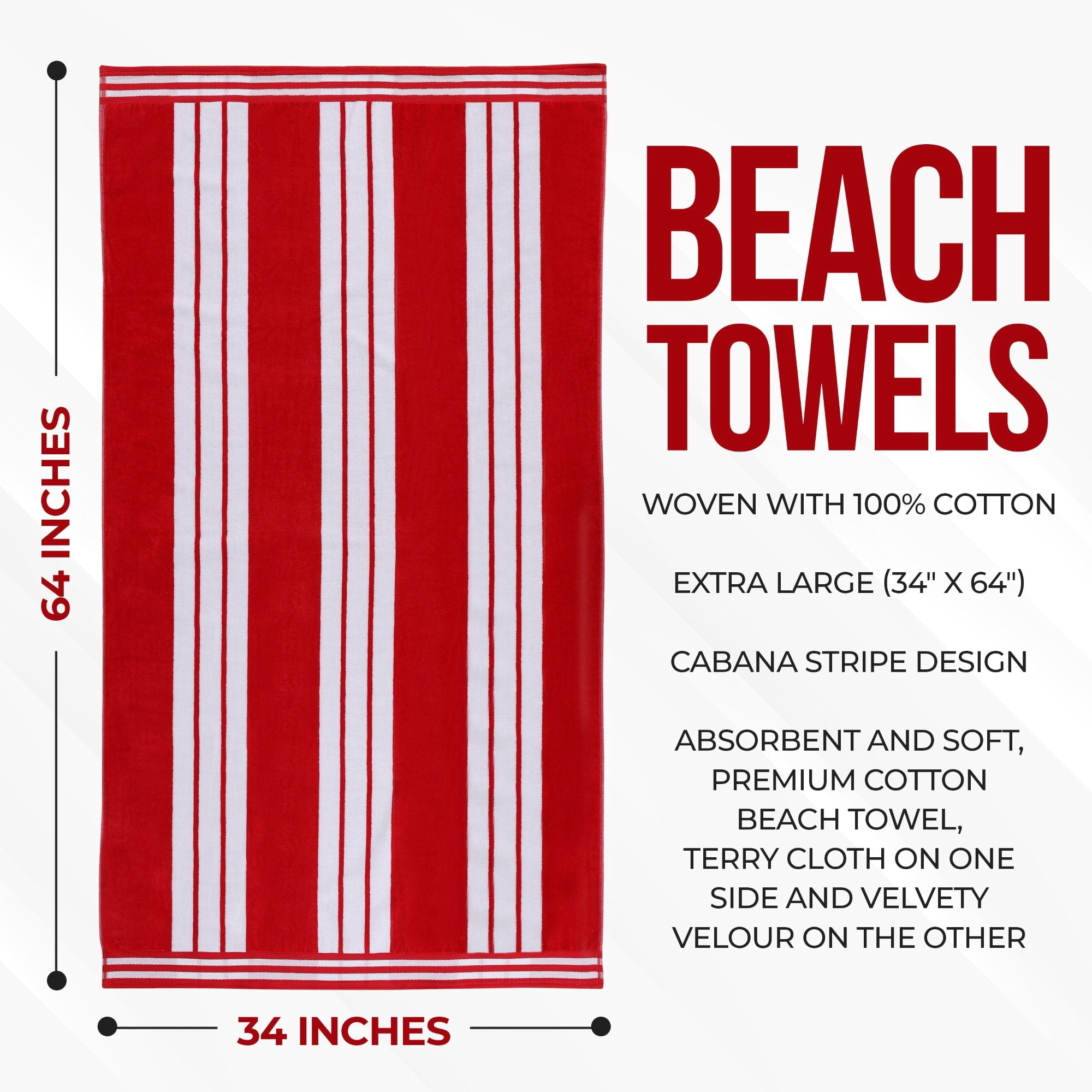 Superior Cotton Striped Oversized Beach Towel Set of 2, 34" x 64", Red