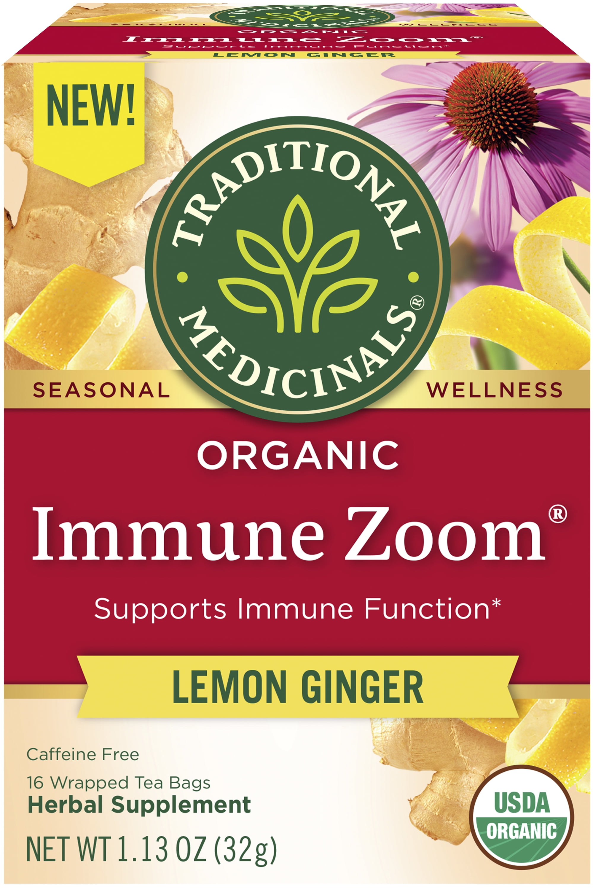 Traditional Medicinals Tea, Organic Immune Zoom Lemon Ginger, Tea Bags, 16 Count
