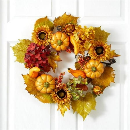 22" Autumn Hydrangea/Pumpkin and Sunflower Artificial Fall Wreath in Orange