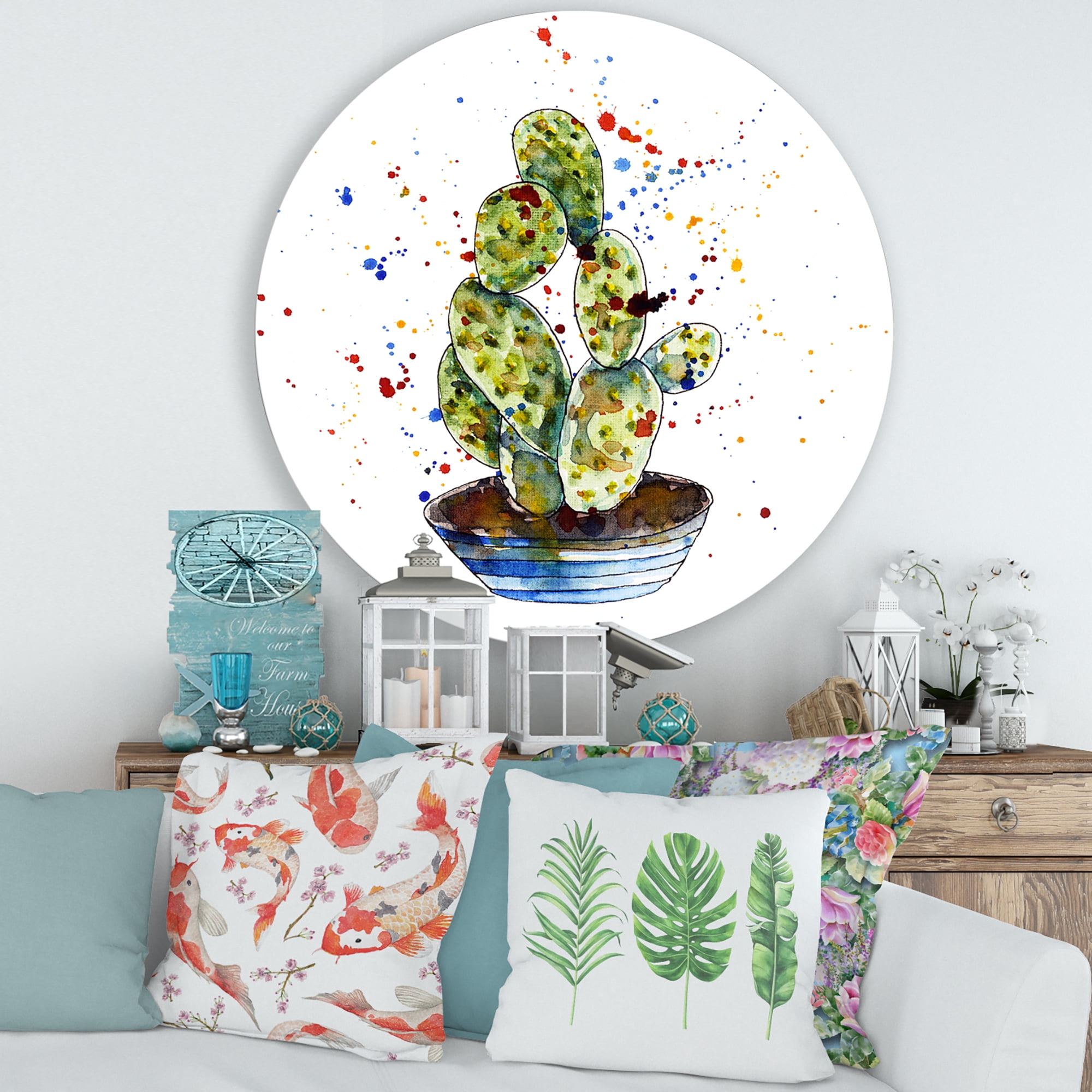 Designart 'Abstract Cactus Houseplant' Traditional Circle Metal Wall Art 36x36 - Disc of 36
