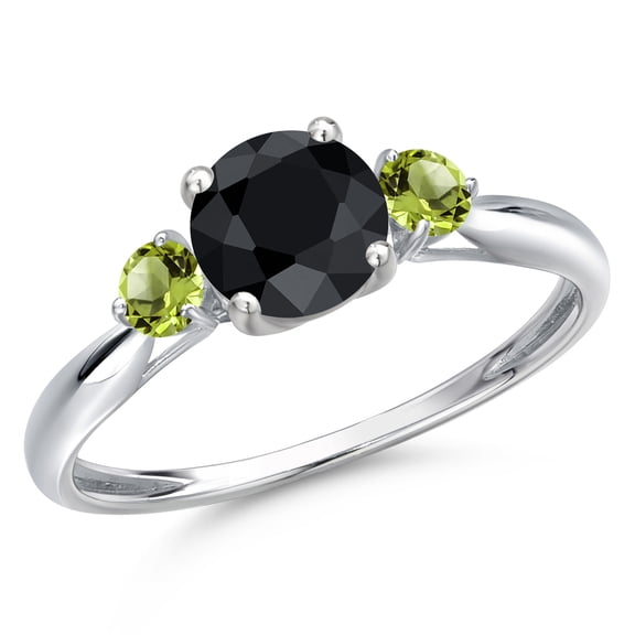 Gem Stone King 10K White Gold Black Sapphire and Green Peridot 3-Stone Ring for Women | 1.39 Cttw | Round 6MM | Gemstone September Birthstone | Size 7