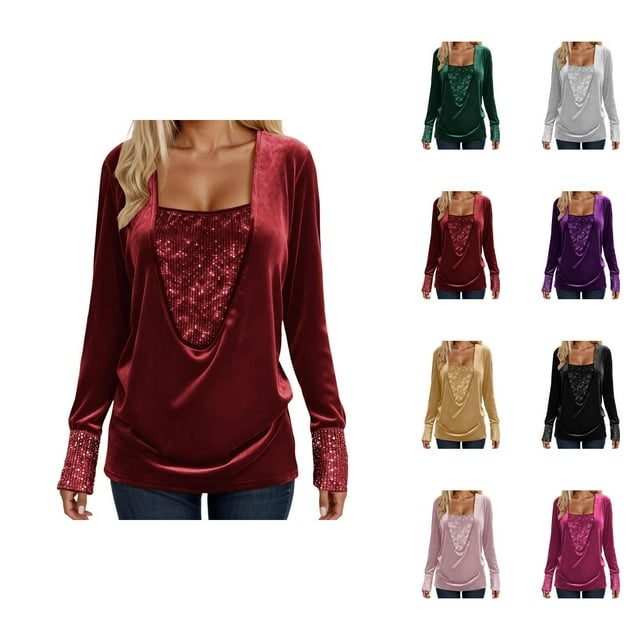 Hauts Scintillants pour Femmes Printemps 2026 Mode Y2K Manches Longues Col en V Velours Ample Patchwork T-Shirts Tenue Rave