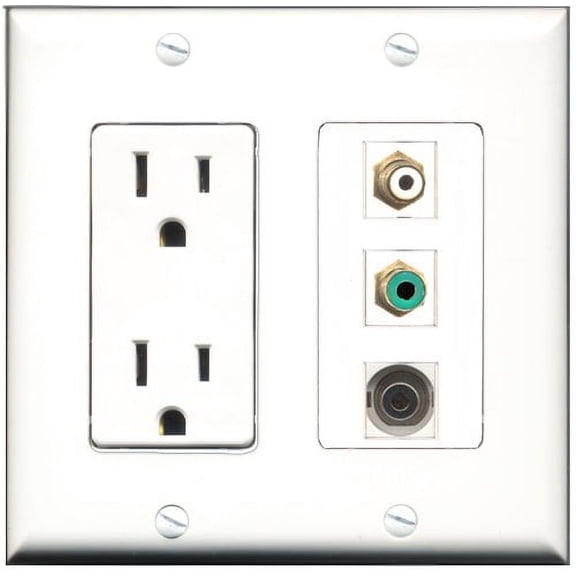 RiteAV - 15 Amp Power Outlet 1 Port RCA White 1 Port RCA Green 1 Port 3.5mm Decorative Wall Plate