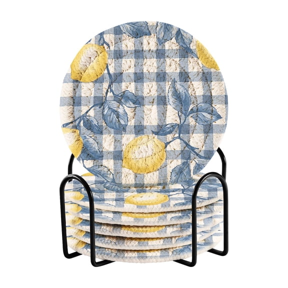 Yayeee 6 PCS Drink Coasters with Holder Set Woven Absorbent Round Tabletop Hot Pad, Light Lemon