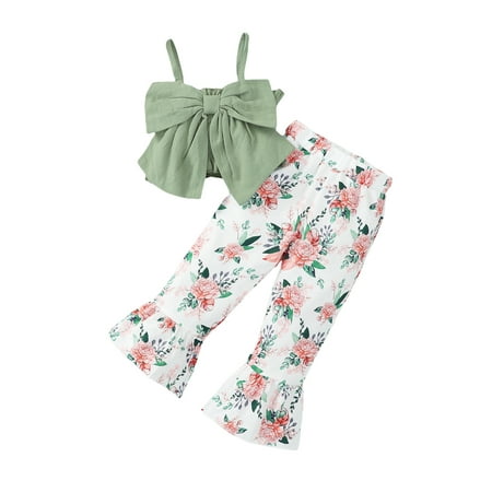 

AIGUR Kids Girls Clothes Set Solid Color Bowknot Camisoles Sleeveless Sling Tank Tops Floral Print Micro Flare Pants 2Pcs Set