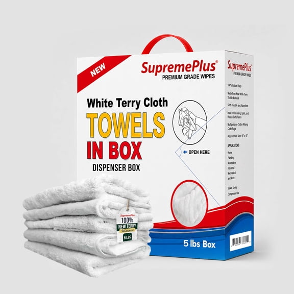 SupremePlus New Terry Cloth Cleaning Rags 5 lbs Compressed Box of Rags Commercial Reusable Cotton Household Cleaning Cloths & Wipes, White, 20 Count