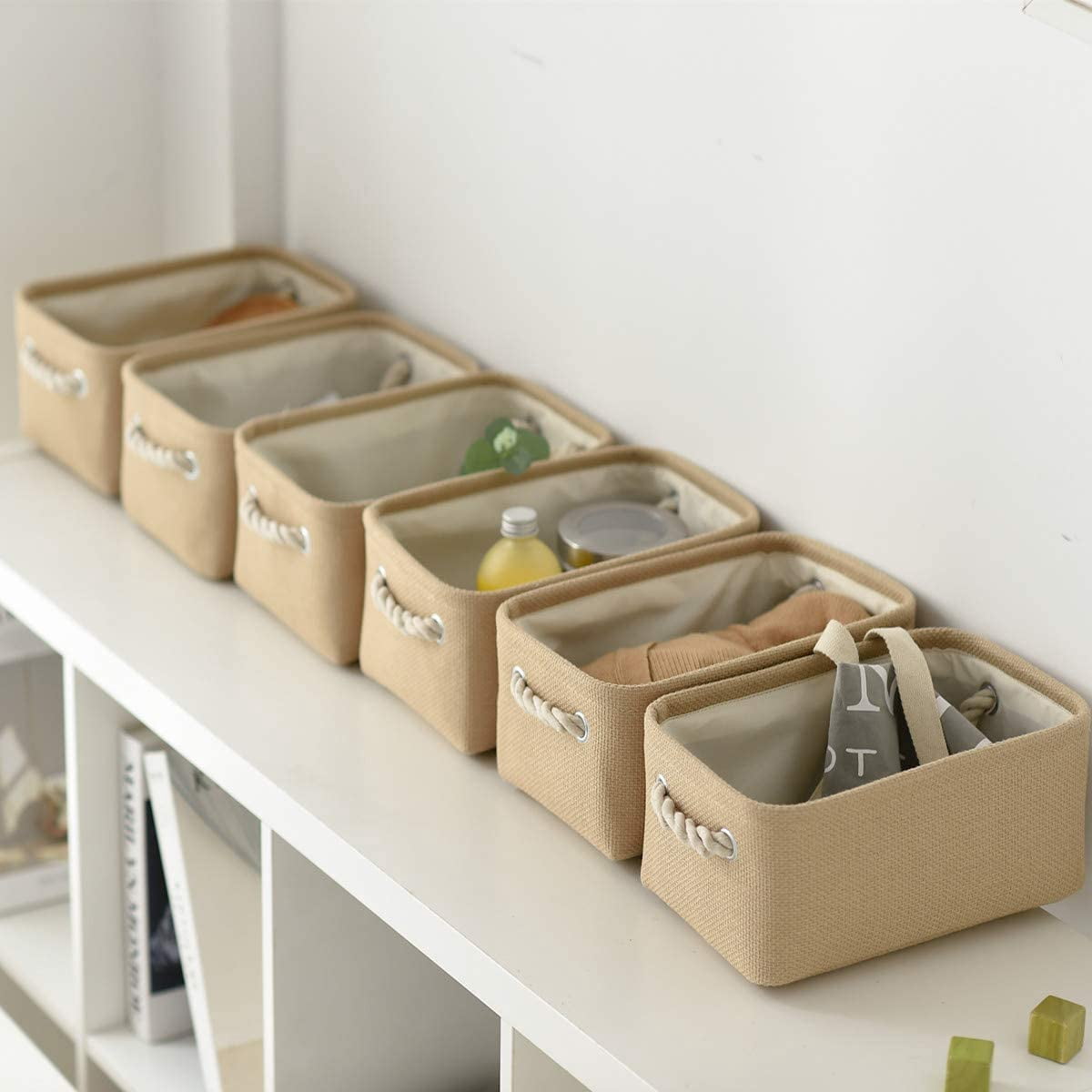 Tegance Small Storage Baskets for Shelves, Storage Cube Organizer, Storage Bins, 12 x 8 x 5 Inches, Rectangle Canvas Fabric Collapsible Shelf Box with Handles, Beige