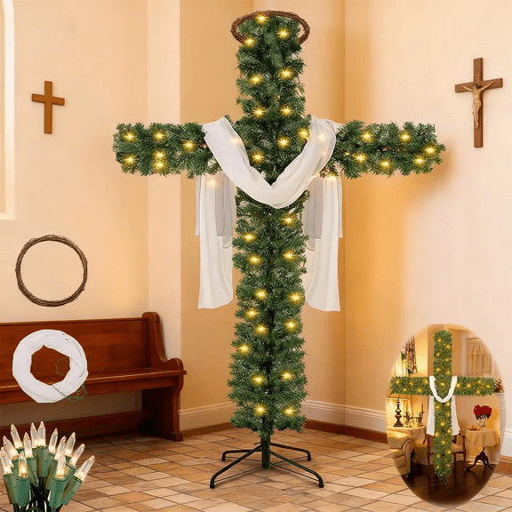 ValHome 6FT Pre-Lit Christmas Cross Tree with Vine Crown & White Cloth - Religious Yard Christmas Decorations Indoor Outdoor Artificial Pine Cross with Warm LED, Metal Stand for Church & Home Display