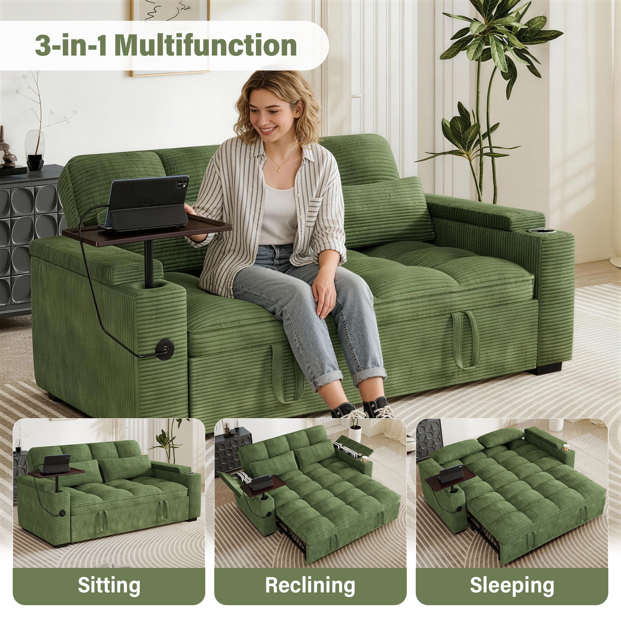 Aukfa 65"W Convertible Sofa Bed with Storage, 3-in-1 Corduroy Queen Sleeper Sofa Couch with 360° Swivel Side Table & USB /Type-C Ports,Green