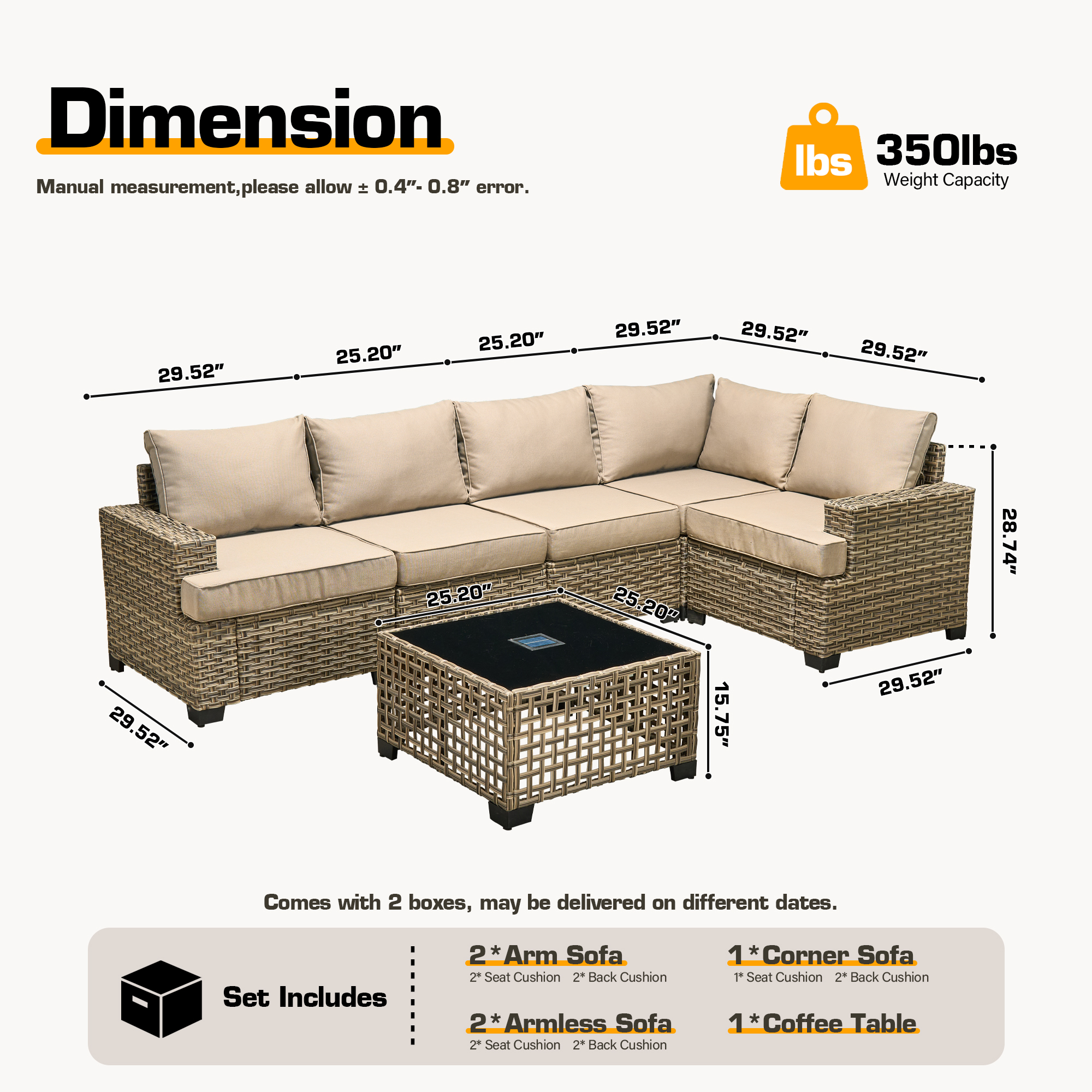 Vcatnet 6 Pieces Outdoor Patio Furniture Sectional Sofa PE Rattan Wicker Conversation Set with Solar Powered Coffee Table Beige