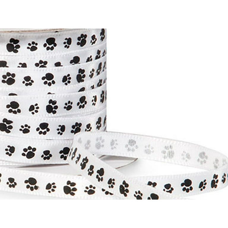 1/4 Wide Single Faced Satin Paw Print Ribbon - White with Black