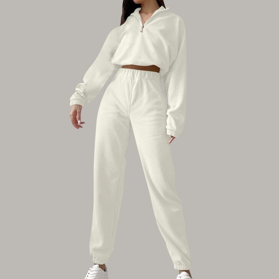 tarylea Women Fall 2 Piece Polar Fleece Lounge Outfits Long Sleeve Zip up Turn down Collar Crop Top High Rise Cinch Bottom Pants Casual Sets