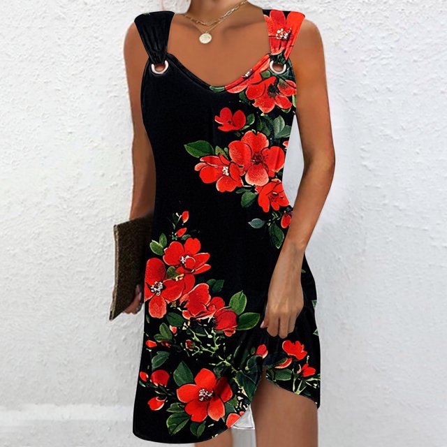LOVZFMLL Dresses Women's Geometric Printed Elegant Camisole Round Neck Dress