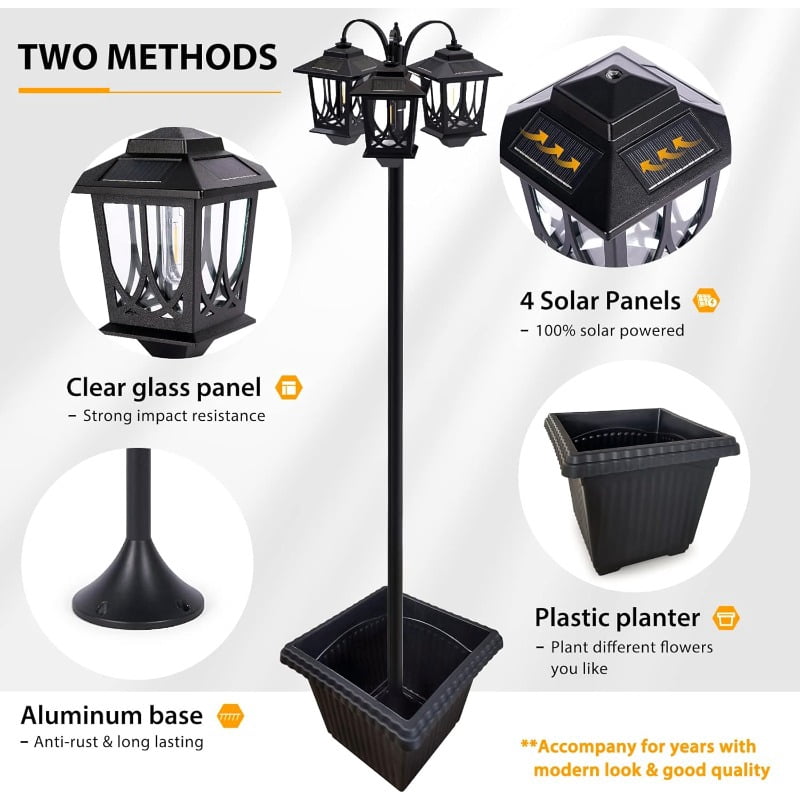 Hoodink 73" Solar Lamp Post with Planter, 3-Head Outdoor Waterproof LED, 3000K Warm White Garden Pathway Lighting