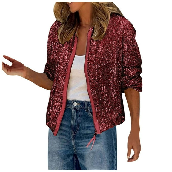 Womens Jacket Casual Zipper Sequin Glitter Cropped Long Sleeve Bomber Sparkly Party Trendy Outwear