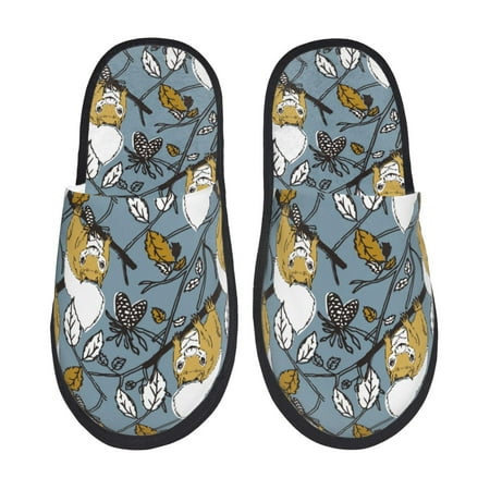 Balery Cartoon Squirrel on Branch Slient Indoor Furry Fleece Comfort House Shoes Soft Non-Slip Home Shoes Cotton slippers House Slippers-- Large