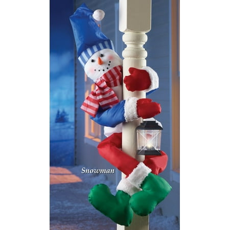 Festive Holiday Snowman Porch Railing or Tree Hugger with Attached Battery-Operated Lantern,