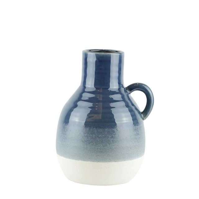 Benzara BM188111 Bellied Jug Shape Ceramic Vase with Ribbed Pattern - Blue & White - Large
