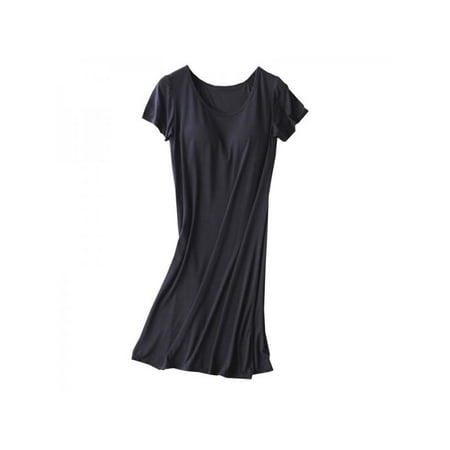 

Women Short Sleeve Built-in Bra Padded Long Nightdress Sleepwear Pajamas Shelf Bra Full Slip Casual Nightgown Knee Length Comfy Soft Modal Sleep Shirt Night Shirt Dress Solid Sleepwear Black S-2XL