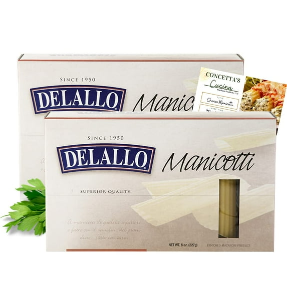 Delallo Manicotti Shells 8 oz, Two (2) Pack, Manicotti Noodles with One (1) Authentic Concetta's Cucina Italian Manicotti Pasta Meal Recipe Card by Purchase Positivity