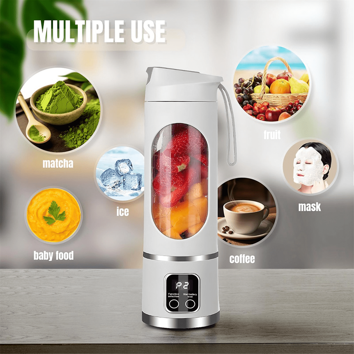 USB Rechargeable Portable Blender 8 Blade Mini Ice Crusher with Digital Display 3 Modes Portable Blender Green