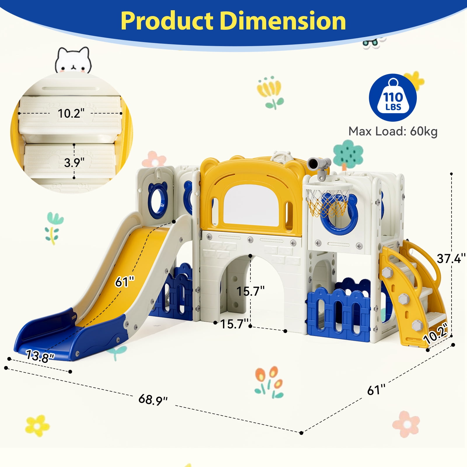 LAZY BUDDY Freestanding Toddler Slide, Kids Climber Slide Playset with Drawing Board, Basketball Hoop, Outdoor Indoor Playground for Toddlers 2+