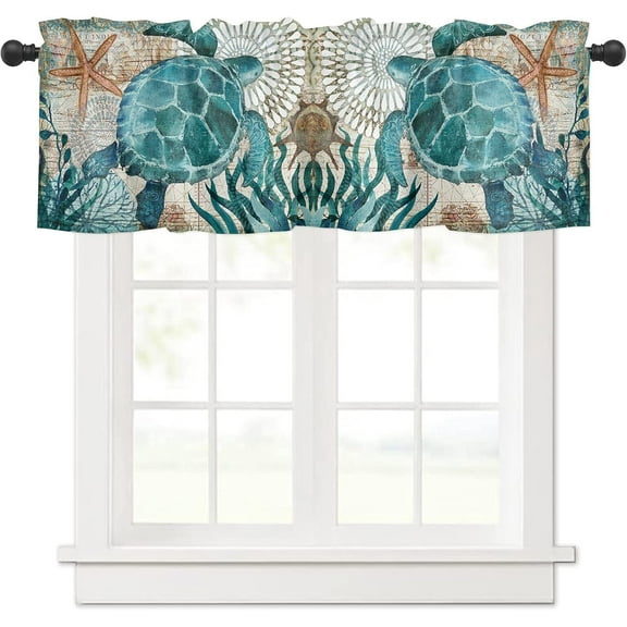 Sea Turtle Curtain Valance for Windows/Living Room/Kitchen/Bathroom/Farmhouse, Hawaiian Ocean Animal Teal Short Rod Pocket Tier Curtain Window Treatment, 1 Panel 54x18