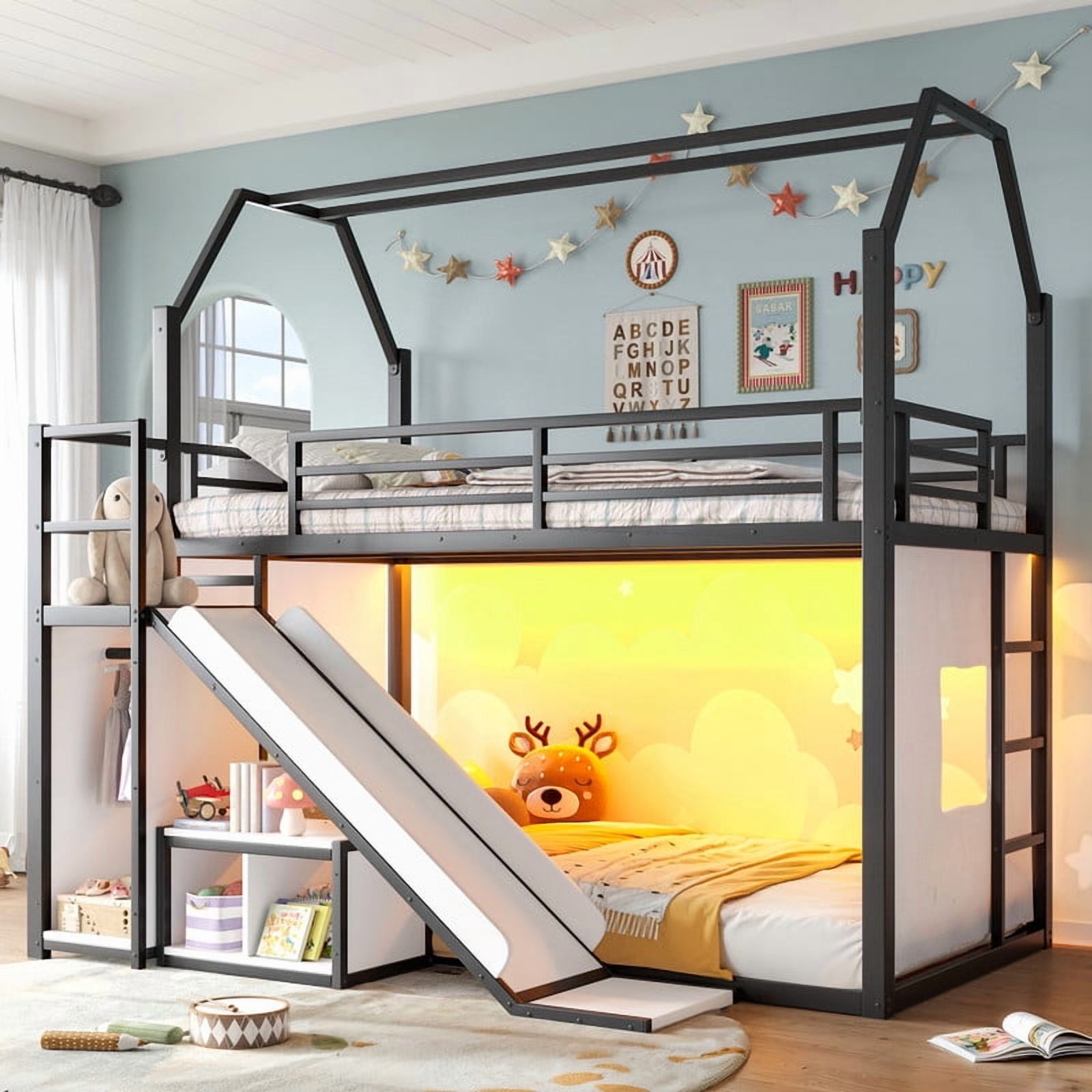 Twin Size House Bunk Bed with Slide, LED Lights, Clothes Rack, Storage Bags & Shelves, Metal Kids Bunk Bed with Guardrails, Playhouse Design, No Box Spring Needed