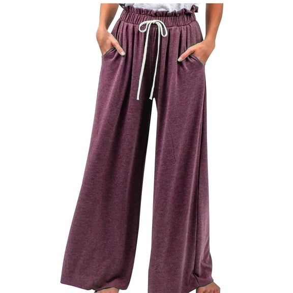 Wide Leg Pants for Women Elastic Waist Drawstring Palazzo Pants Casual Baggy Flowy Lounge Trousers with Pockets