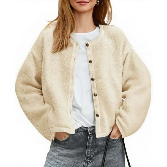 JGGSPWM Womens Fuzzy Fleece Jacket Fall Casual Sherpa Cardigan Button Down Shacket Coats Trendy Outerwear with Pockets Beige XL