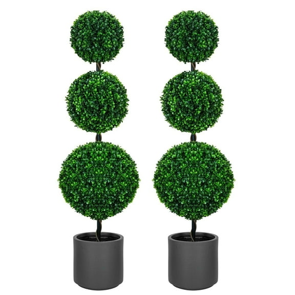 4FT Triple Ball Topiary Artificial Tree Three-Ball Faux Shrubs Plant Realistic Tiered Ball Topiary Silk Tree with Gray Planter, Artificial Shrubs for Home or Office, Outdoor Decoration Set of 2