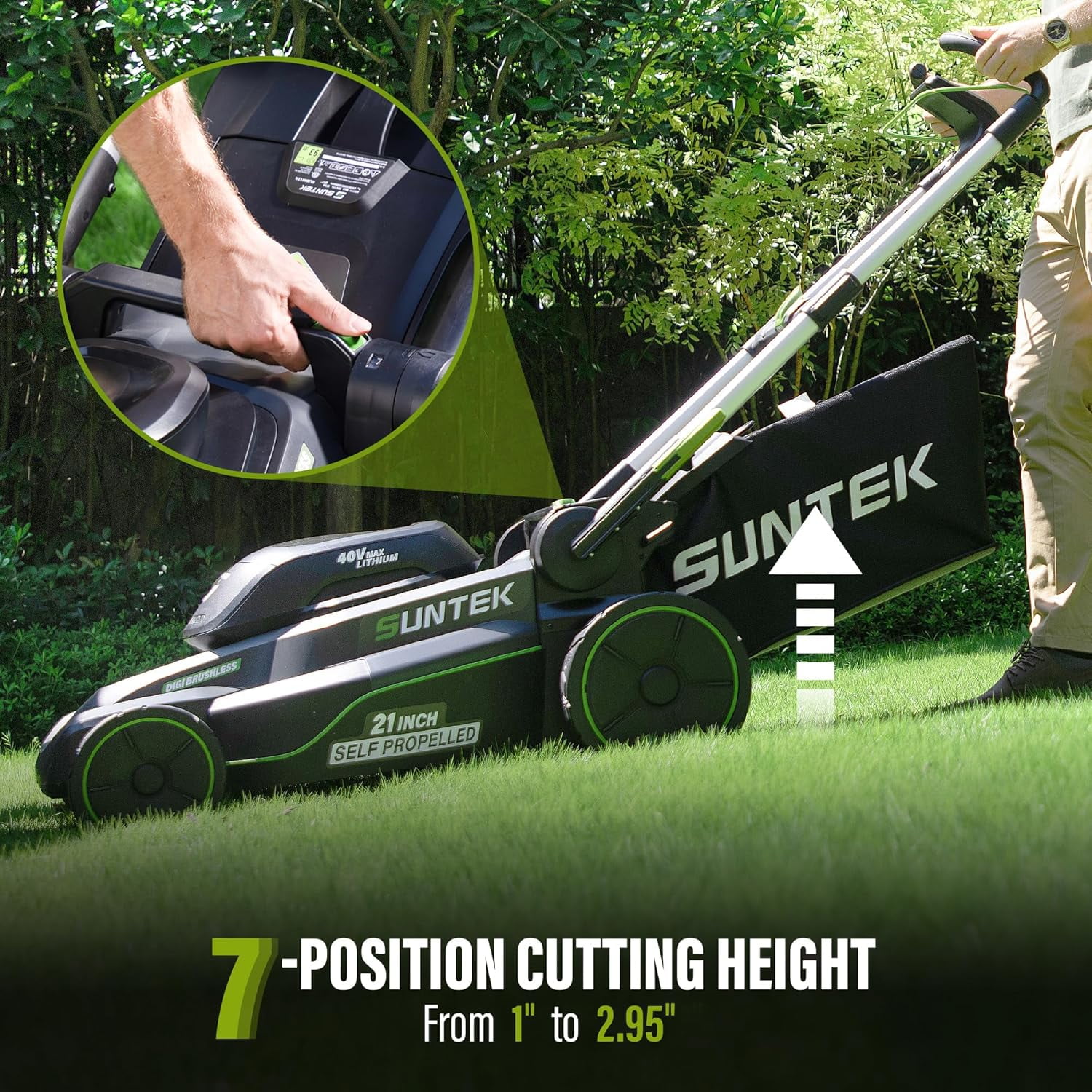Suntek 21-Inch Cordless Self-Propelled Walk-Behind Mower, 40V, IOT and App Connection
