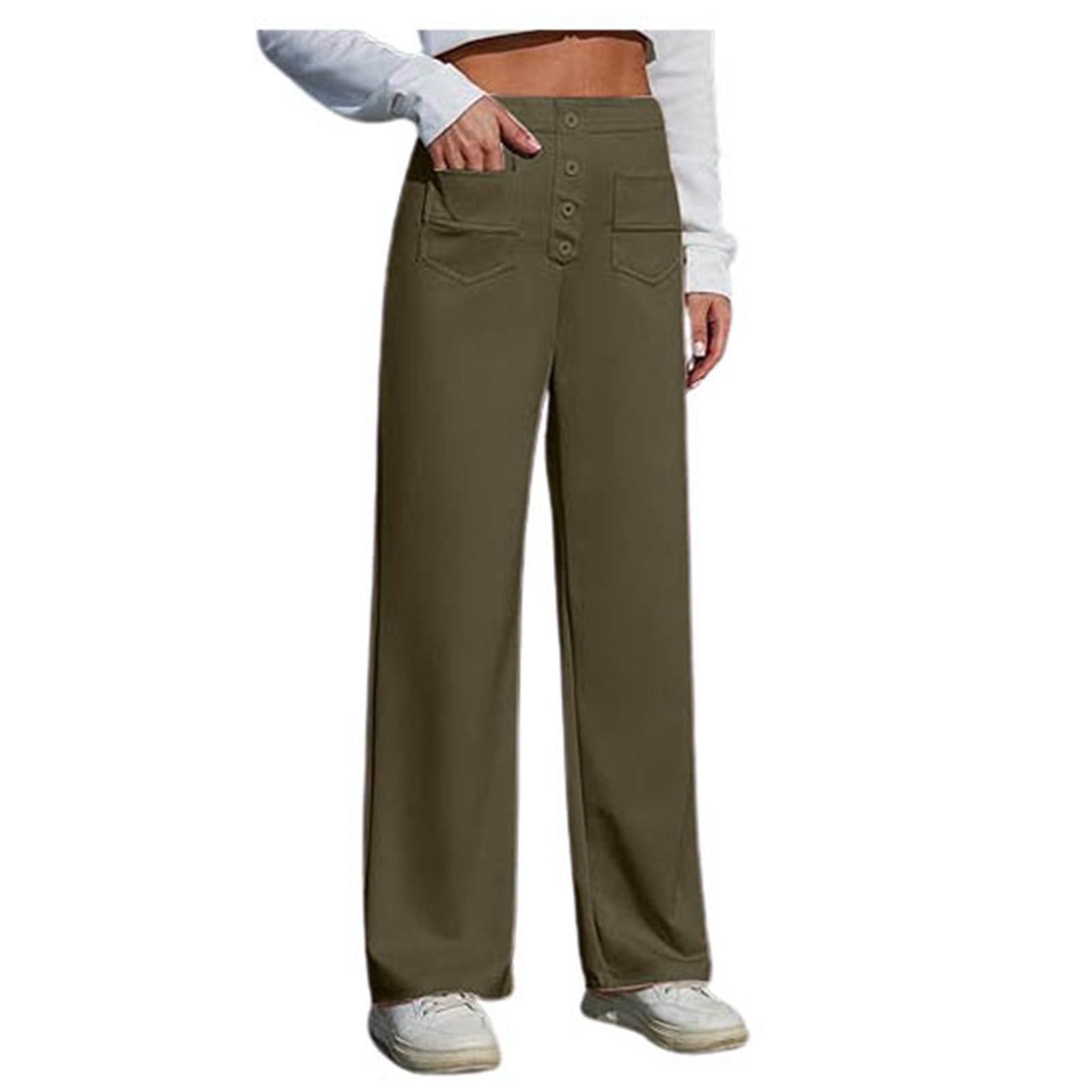 WEIYLL Womens Pants Work Straight Wide Leg Button Down High Elastic Waisted Pockets Green Trousers size XXXXL