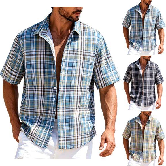 Kalauyu Mens Short Sleeve Button Down Shirts Turn Down Collar Plaid Tops Loose Casual Summer Lightweight Beach Vacation Tops