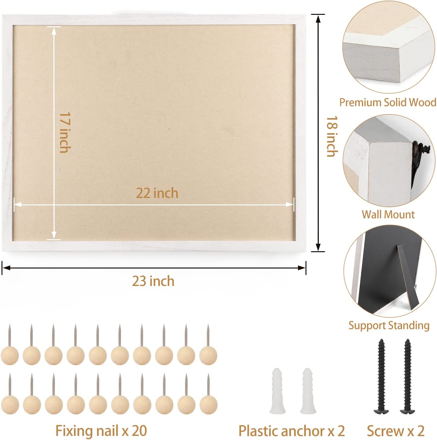 Large Bulletin Board 23x18 inch with Linen Cork Boards Wall Decor Hanging Pin Wood Framed Display Photo Picture Light for Room School Office 20-Pushpin Vintage White
