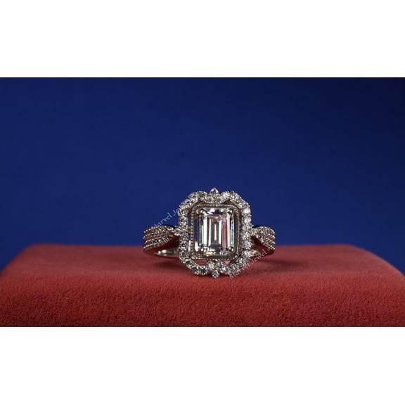 Vintage Art Deco Diamond Engagement Ring, Emerald Cut Halo Diamond Wedding Anniversary Ring, Solitaire With Accents Diamond Ring, 925 Sterling Silver, 2.3 Ct Simulated Diamond, Mother's Day Gift