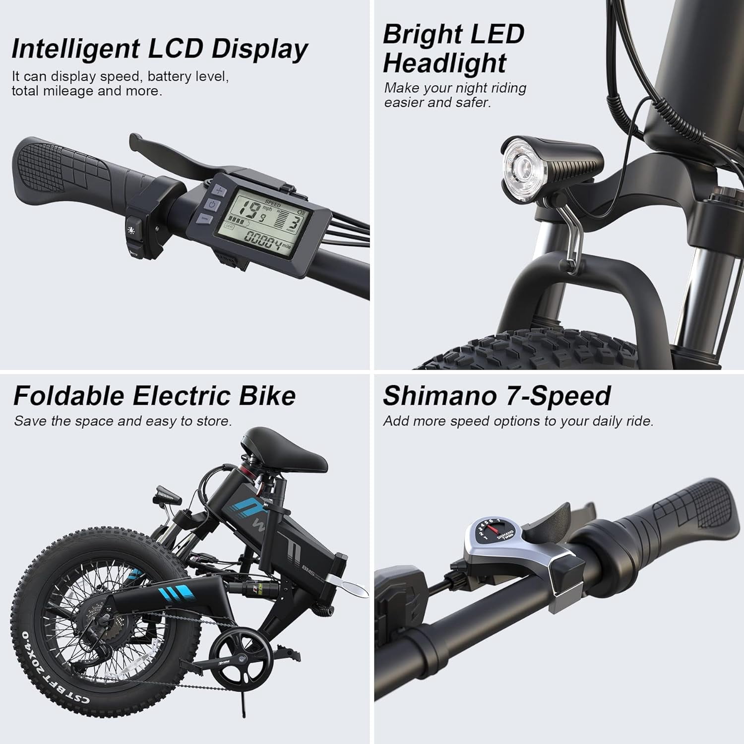 Wooken 20"X4.0 Fat Tire Electric Bike for Adults, 500W Foldable Electric Bicycle with 48V 10Ah Built-in Battery, Shimano 7 Speed, Dual Shock Absorber